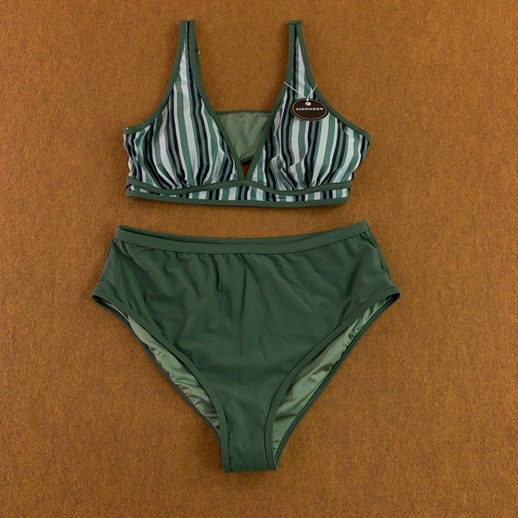Aidonger Other - Aidonger Womens X-Large Green Striped High Waist Bottom 2 Piece Bikini Set NWT